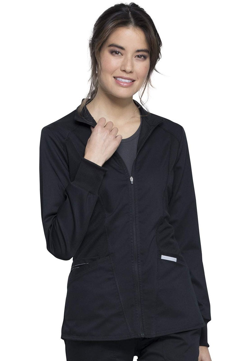 Cherokee Scrub Jacket for Women Zip Front High-Low Medical Uniform, 3 Pockets, Mesh Detail, Ultra Soft 2-Way Stretch - WW301, S, Black - Image 1